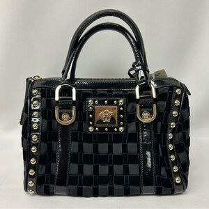 Versace Black Studded Checker Satchel Handbag